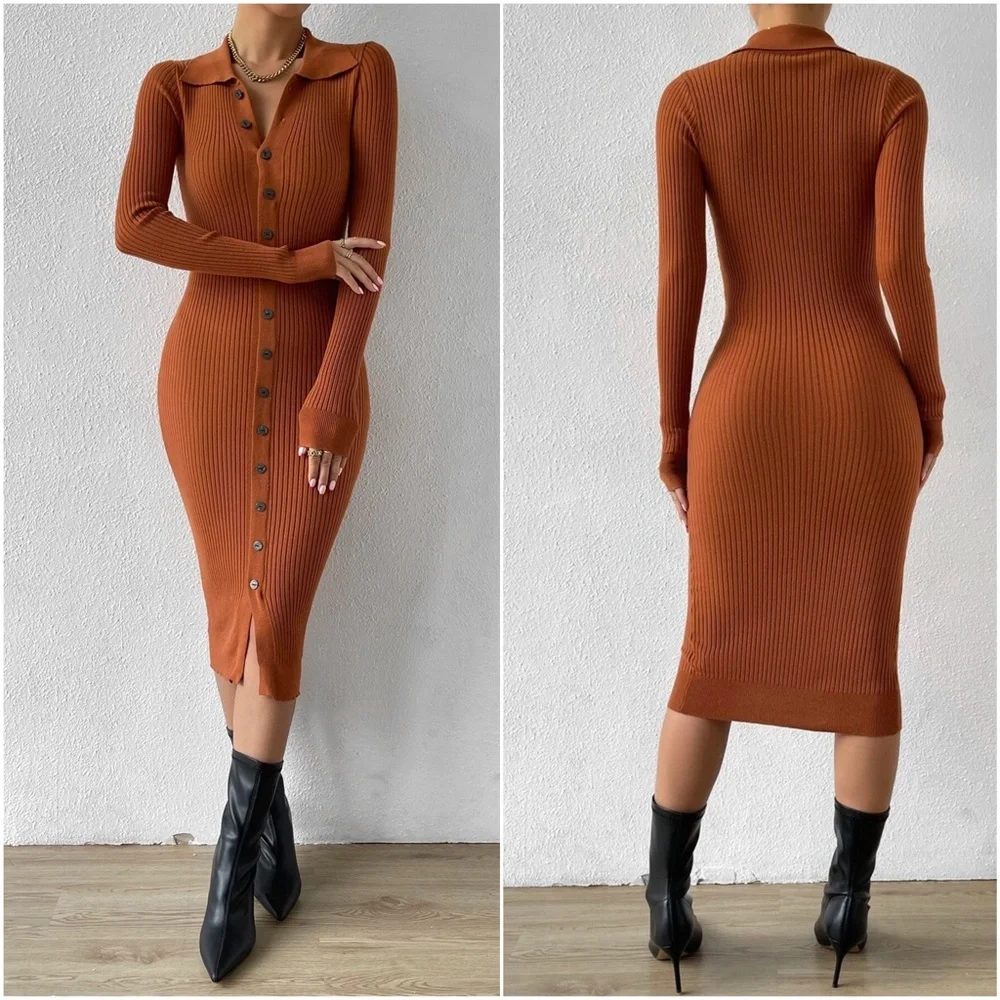 Cozy Button up Knit Fitted Sweater Dress - Picture 4 of 4